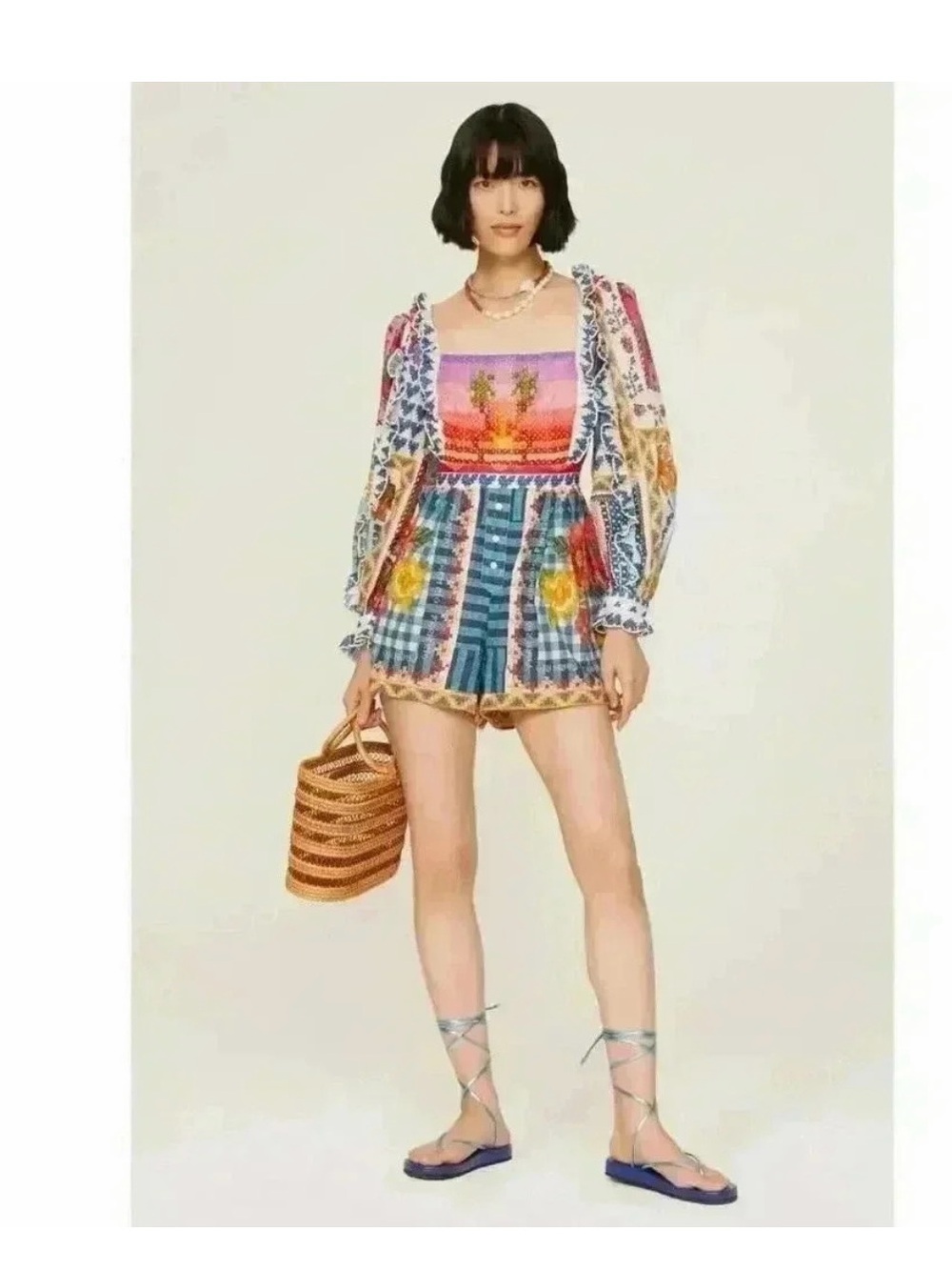 FARM Rio Summer Patchwork Multicolor Floral & Stripe Romper with Puff Sleeves